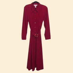 Vintage Modest Maxi Dress Burgundy Cranberry Button Front Long Sleeve Belted 16